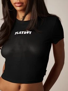 Missguided x Playboy Logo Crop Top Ribbed Slim Fit Tee Short Sleeve Crew Neck Fitted Cropped T-Shirt Summer Festival Streetwear - Black - View 5