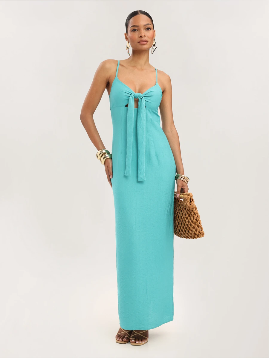 Dancing Leopard Aqua Tie-Front Cut-Out Maxi Dress, Holiday/Vacation Wear - Green - View 1
