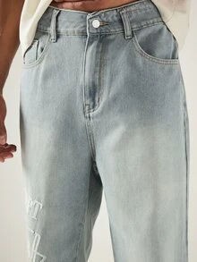 SUMWON Wide Leg Graphic Print Denim Jeans With Creative Slogan And Washed Finish For Casual Street Style - Blue - View 5