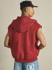 SUMWON Chaleco con capucha sin mangas y cremallera completa para hombre, con capucha con cordón y bolsillos laterales, prenda casual para capas - Burdeos - Ver 2