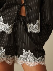 MISSGUIDED Black And White Striped Satin Lace Trim Co-Ord Set Long Sleeve Shirt And Mini Shorts Two Pieces Loungewear Outfit Going Out Summer Sexy - Black and White - View 5