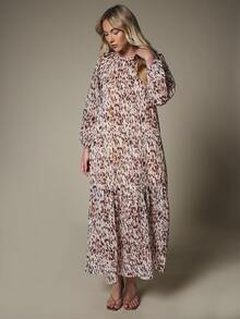 KSTM Gaun Maxi Bertingkat Motif Hewan dengan Lengan Panjang Mengembang dan Garis Leher Berkerut, Gaya Chiffon Boho yang Mengalir, Cocok untuk Musim Semi dan Musim Panas. - MultiWarna - View 3