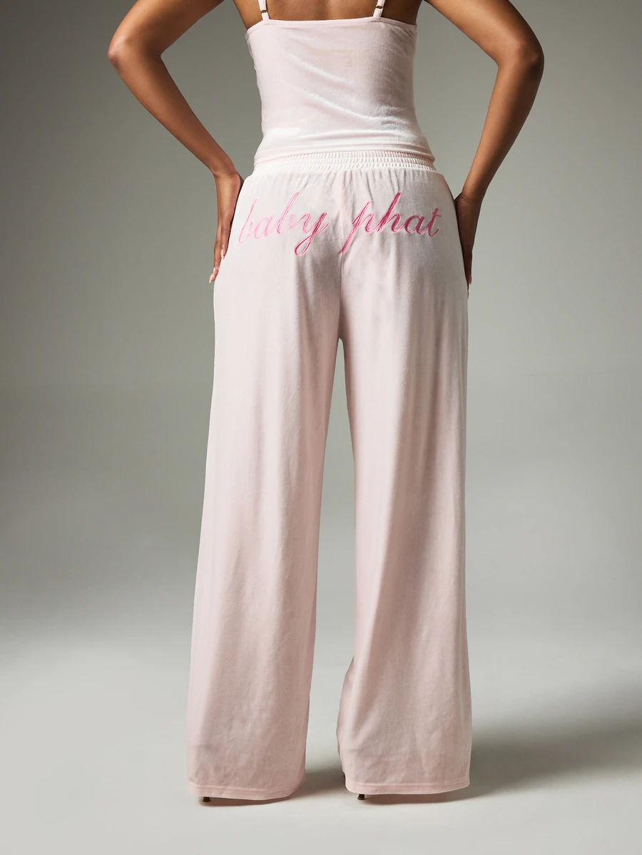 BABYPHAT Velvet Wide Leg Casual Pants With Embroidered Logo And Script Buttock Print Elastic Waist Full Length - Baby Pink - View 1