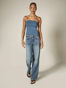 KSTM Strapless Ribbed Knit Corset Crop Top With Button Back Closure Fitted Tube Bandeau Summer Night Out Style - Dusty Blue - View 2