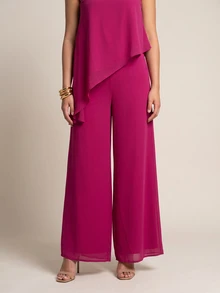 QUIZ Mint Green High Waist Chiffon Wide Leg Palazzo Pants Flared Hem Detail, Elegant Party Date Women, Summer Outfits, Wedding, Resort Travel Clothes - Red Violet - View 6