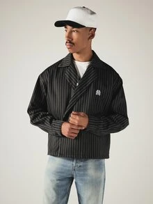SUMWON Pinstripe Double-Breasted Oversized Blazer Jacket With Notch Lapel And Embroidered Monogram Logo Detail - Black - View 4