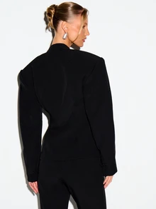 KIZN Blazer V-Neck Terstruktur dengan Detail Penutup Bordir Bunga, Bahu Tegas, Pinggang Pas, Lengan Panjang, Jaket Kantor Formal - Hitam - View 2