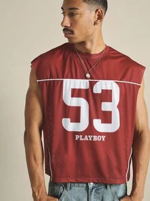 PLAYBOY X SUMWON Number 53 Graphic Mesh Jersey Sleeveless Crop Top With Contrast Piping Detail - Red - View 1