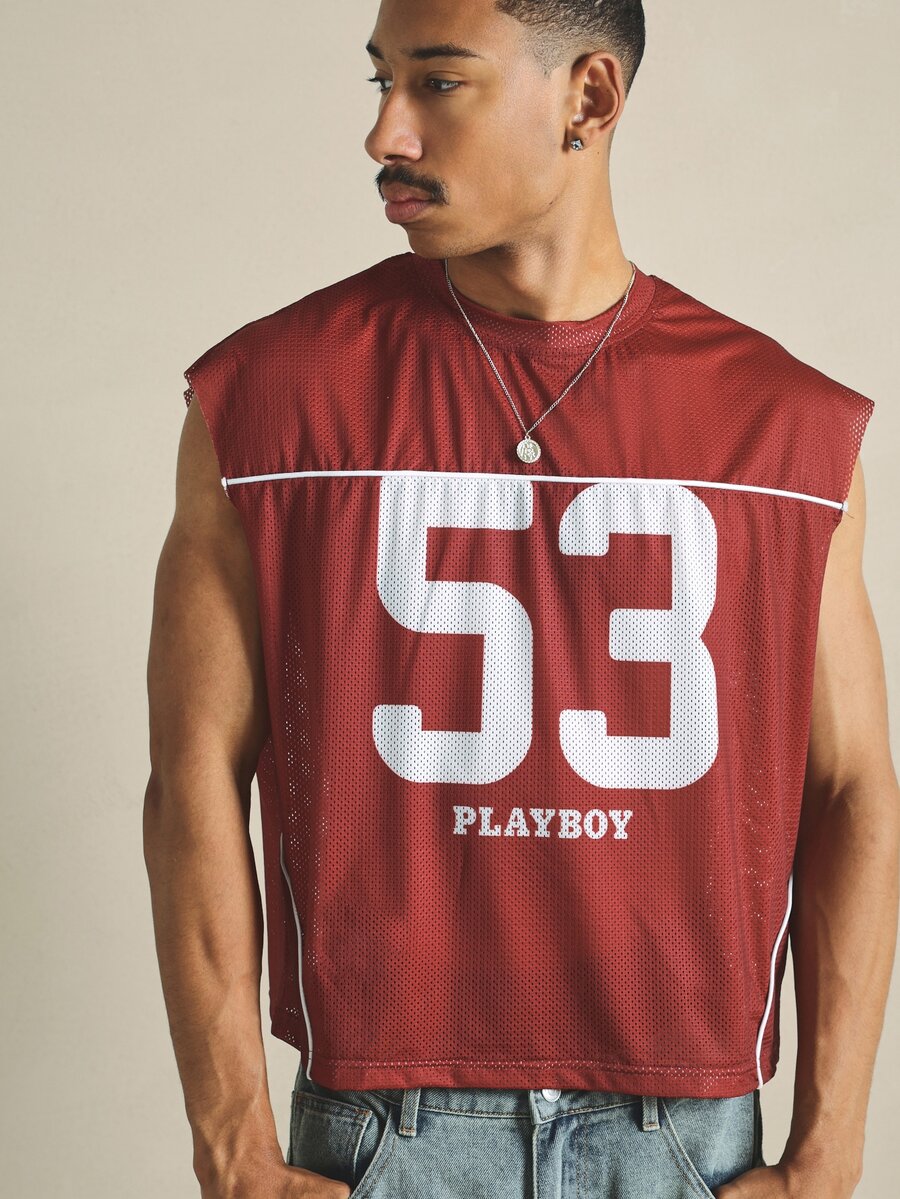 PLAYBOY X SUMWON Number 53 Graphic Mesh Jersey Sleeveless Crop Top With Contrast Piping Detail - Red - View 1