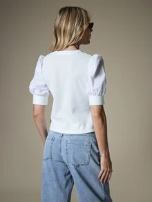 KSTM Puff Sleeve Notch Neck Mixed Texture Crop Blouse With Waffle Knit Body And Woven Sleeves For Spring Summer - White - View 2