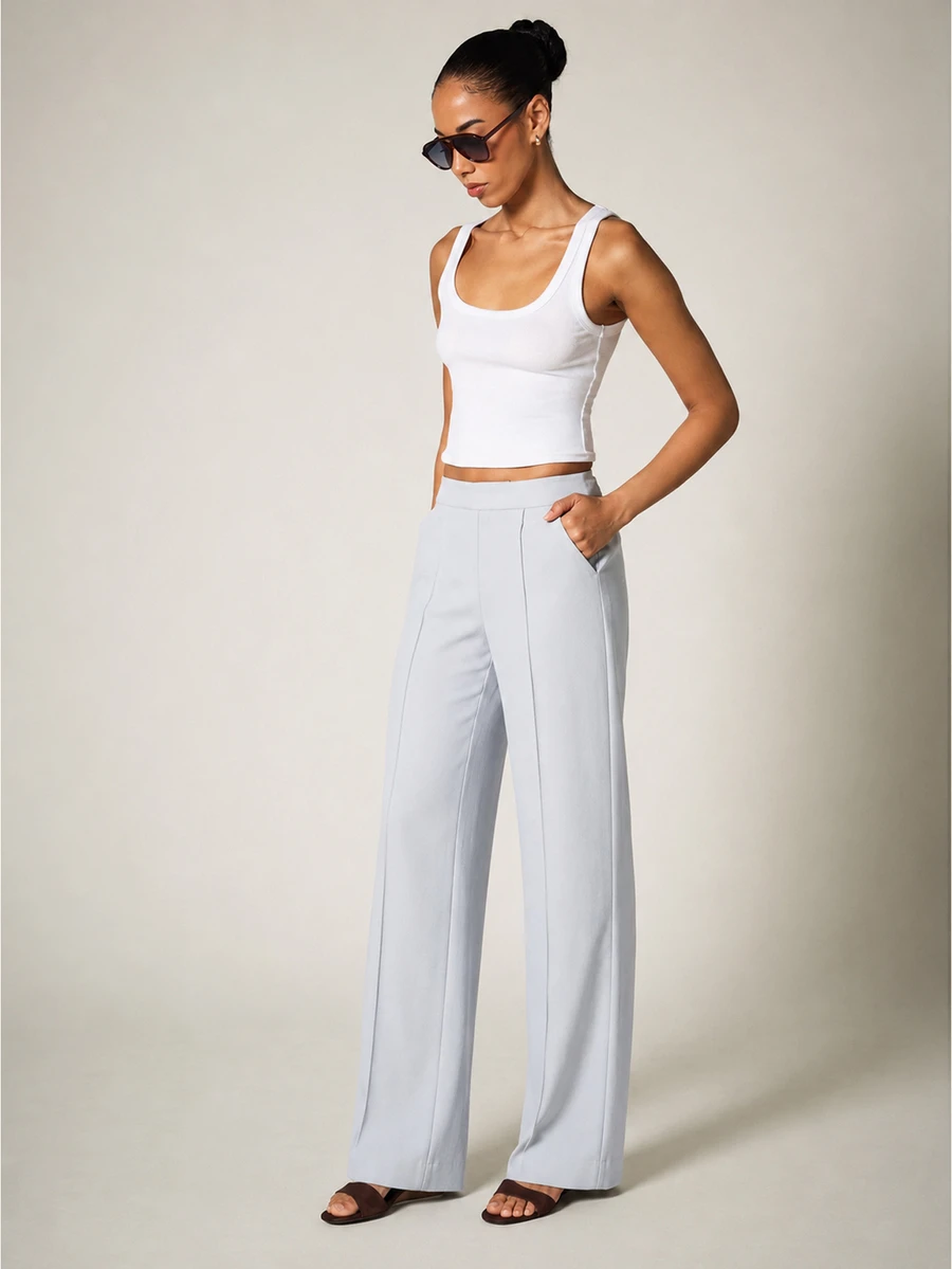 KSTM High-Rise Wide Leg Dress Pants With Front Pleat Detail, Full Length Tailored Trousers For Office Work Casual Elegant Wear Light Blue Summer - Baby Blue - View 1