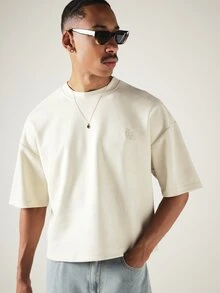 SUMWON Oversized Boxy Crop Tee With Old English LA Embroidery Front Chest And Back Logo Print - Beige - View 2