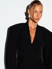 KIZN Blazer V-Neck Terstruktur dengan Detail Penutup Bordir Bunga, Bahu Tegas, Pinggang Pas, Lengan Panjang, Jaket Kantor Formal - Hitam - View 5