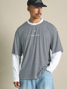 SUMWON Oversized Striped Crew Neck Short Sleeve Tee With Script Logo Print Casual Streetwear Top - Multicolor - View 1