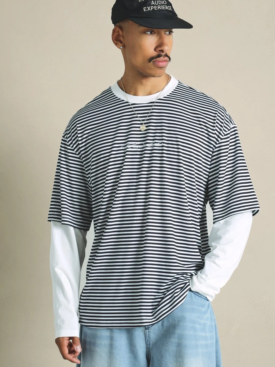 SUMWON Oversized Striped Crew Neck Short Sleeve Tee With Script Logo Print Casual Streetwear Top - Multicolor - View 1