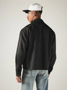 SUMWON Pinstripe Double-Breasted Oversized Blazer Jacket With Notch Lapel And Embroidered Monogram Logo Detail - Black - View 2