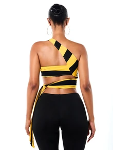 SUMWON WOMEN Diagonal Stripe Halter Neck Wrap Crop Bralette Top With Tie Back Detail For Summer Festival Party - Multicolor - View 2