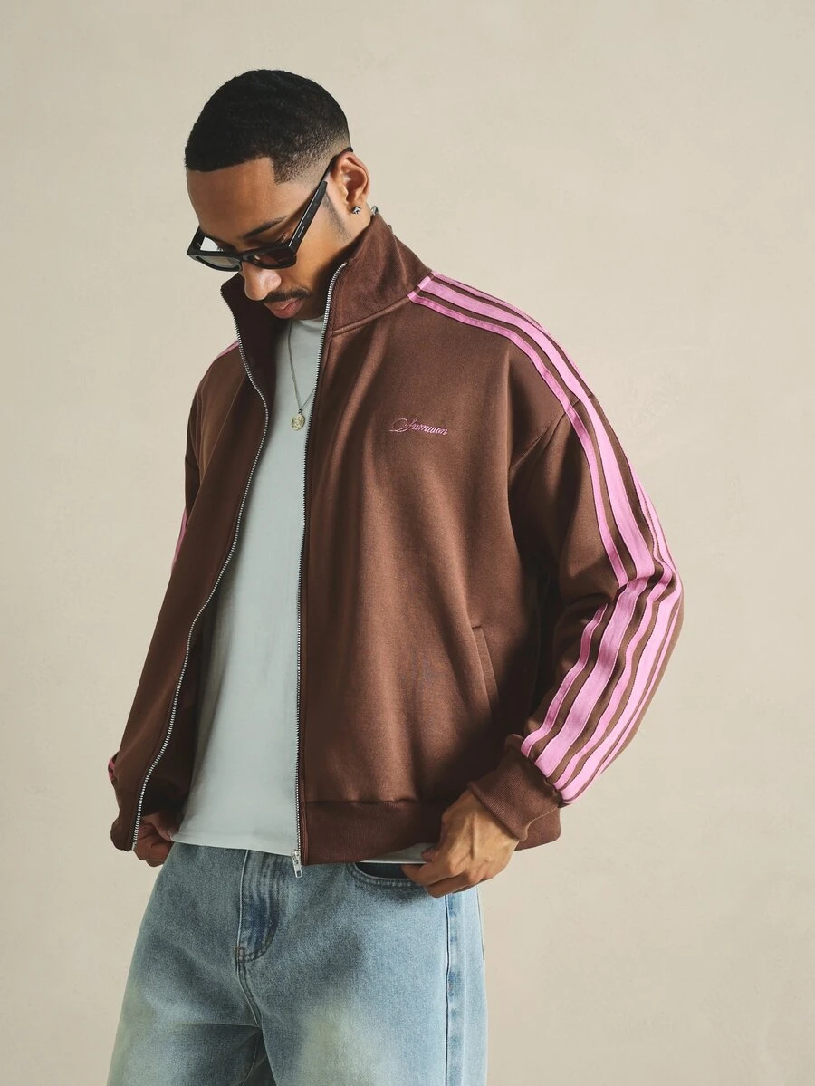 SUMWON Retro Track Jacket With Stripe Sleeves Full Zip Mock Neck Embroidered Logo Hip Length Oversized Fit - Brown - View 1