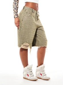 SUMWON WOMEN Rhinestone Embellished Distressed Denim Bermuda Shorts With Raw Hem And Low Rise Waist Style - Black - View 5