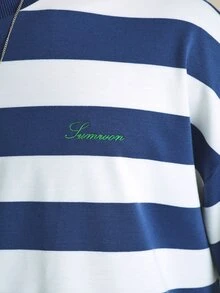 SUMWON 條紋寬鬆方正短版圓領上衣，肘長袖，刺繡字母 Logo，夏季休閒上衣 - 藍色 - 查看 4