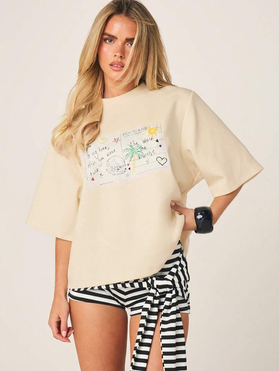 MISSGUIDED 寬鬆版明信片圖案印花落肩圓領休閒夏季上衣 - 米色 - 查看 1
