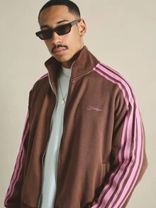 SUMWON Retro Track Jacket With Stripe Sleeves Full Zip Mock Neck Embroidered Logo Hip Length Oversized Fit - Brown - View 3