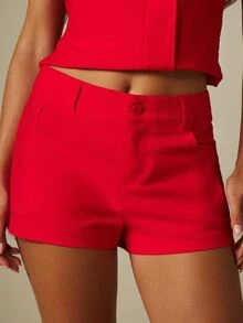 MISSGUIDED Celana Pendek Mini Berpinggang Tinggi dengan Kancing dan Saku Samping untuk Acara Musim Panas - Merah - View 2