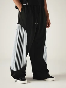SUMWON Color Block Wide Leg Track Pants With Striped Panel And Drawstring Waist Street Style Casual Joggers - Black - View 4
