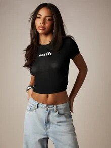 Missguided x Playboy Logo Crop Top Ribbed Slim Fit Tee Short Sleeve Crew Neck Fitted Cropped T-Shirt Summer Festival Streetwear - Black - View 1