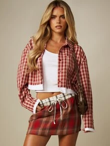 MISSGUIDED 短版寬鬆格紋法蘭絨襯衫，翻領領口、長袖，對比白色下擺細節，秋冬風格 - 紅白色 - 查看 5