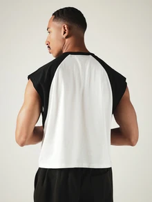 SUMWON Crop Fit Raglan Sleeveless Color Block Crew Neck Muscle Tee With Oval Logo Print On Chest For Casual Summer Wear - Black and White - View 2