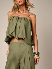 AiiRZ Puffball Ruched Crop Cami Top And Wide Leg Pleated Trouser Co-Ord Two Piece Set Summer Holiday - Army Green - View 5