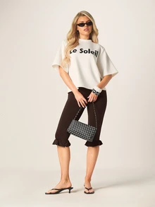 MISSGUIDED Ruffle Hem Capri Leggings High Waist Cropped Fitted Stretch Pants Summer Casual Everyday Style - Brown - View 3