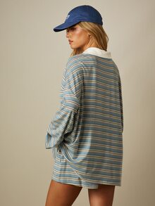 MISSGUIDED 寬鬆條紋長袖 Polo 上衣與迷你短褲套裝，對比領設計 - 藍色 - 查看 2