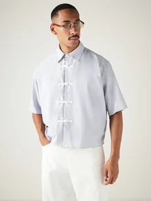 SUMWON Striped Short Sleeve Cropped Shirt With Chinese Frog Button Closure Collared Oversized Boxy Summer Top,Cropped Shirts For Men,Men Shirts For Summer - Light Grey - View 1