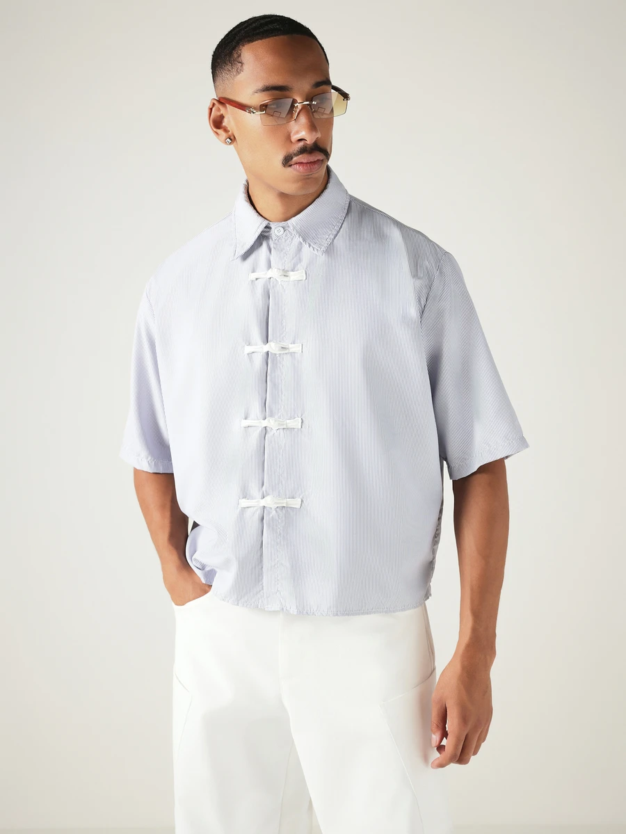 SUMWON Striped Short Sleeve Cropped Shirt With Chinese Frog Button Closure Collared Oversized Boxy Summer Top,Cropped Shirts For Men,Men Shirts For Summer - Light Grey - View 1