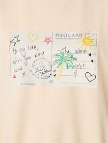 MISSGUIDED 寬鬆版明信片圖案印花落肩圓領休閒夏季上衣 - 米色 - 查看 2