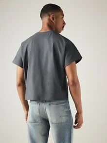 SUMWON Cropped Boxy Short Sleeve Crew Neck Pocket T-Shirt Solid Summer Casual Essential Top,Oversized T Shirt Men,Plain T Shirt Men,Casual Tops Men - Grey - View 2
