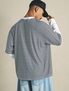 SUMWON Oversized Striped Crew Neck Short Sleeve Tee With Script Logo Print Casual Streetwear Top - Multicolor - View 6