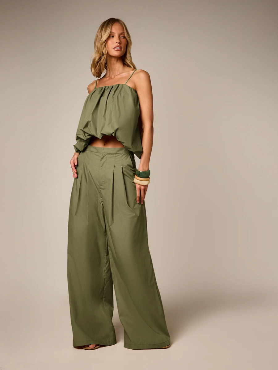 AiiRZ Puffball Ruched Crop Cami Top And Wide Leg Pleated Trouser Co-Ord Two Piece Set Summer Holiday - Army Green - View 1