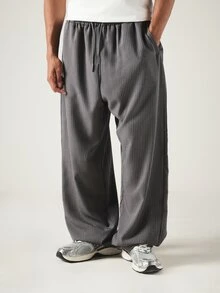 SUMWON Men's Wide Leg Pinstripe Drawstring Trousers Relaxed Fit Casual Pants With Elastic Waist Side Pockets - Grey - View 1