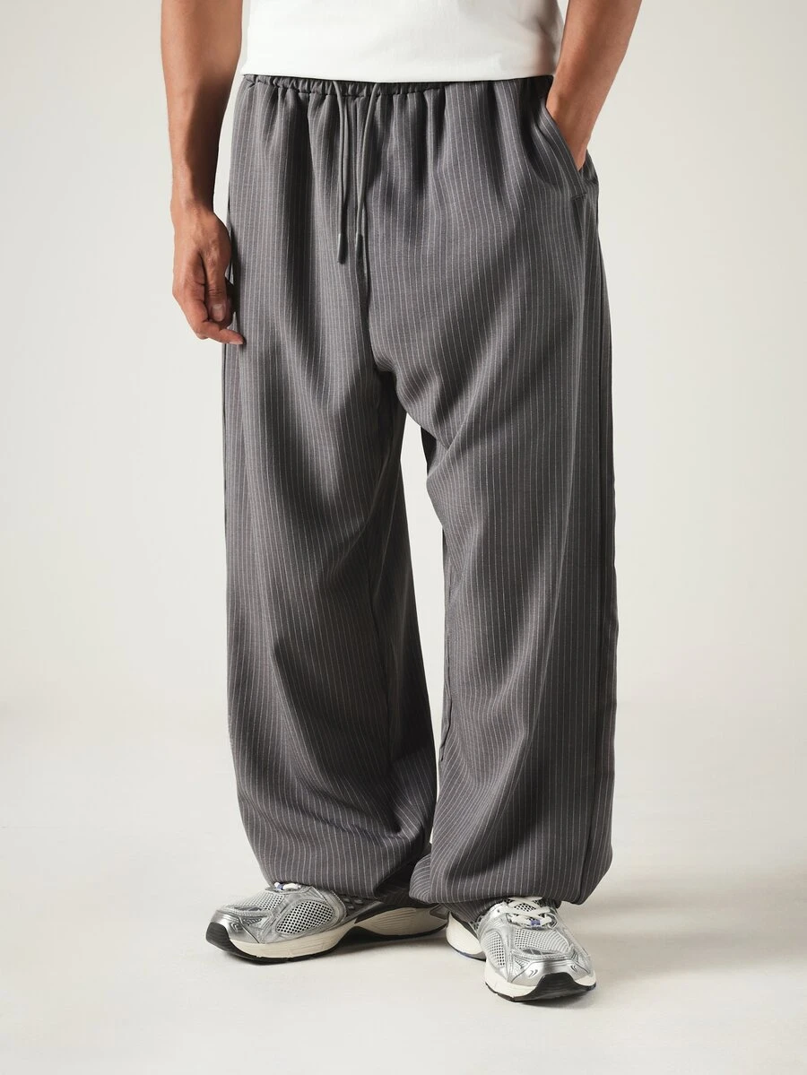 SUMWON Men's Wide Leg Pinstripe Drawstring Trousers Relaxed Fit Casual Pants With Elastic Waist Side Pockets - Grey - View 1