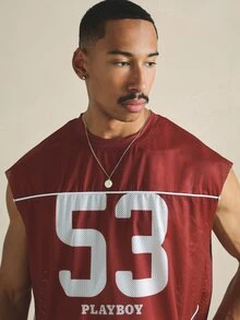 PLAYBOY X SUMWON Number 53 Graphic Mesh Jersey Sleeveless Crop Top With Contrast Piping Detail - Red - View 5