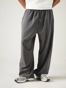 SUMWON Men's Wide Leg Pinstripe Drawstring Trousers Relaxed Fit Casual Pants With Elastic Waist Side Pockets - Grey - View 4