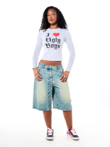 SUMWON WOMEN I Love Ugly Boys Graphic Print Long Sleeve Crew Neck Fitted Crop Top Gothic Text Statement Tee Fall Winter - Grey - View 6