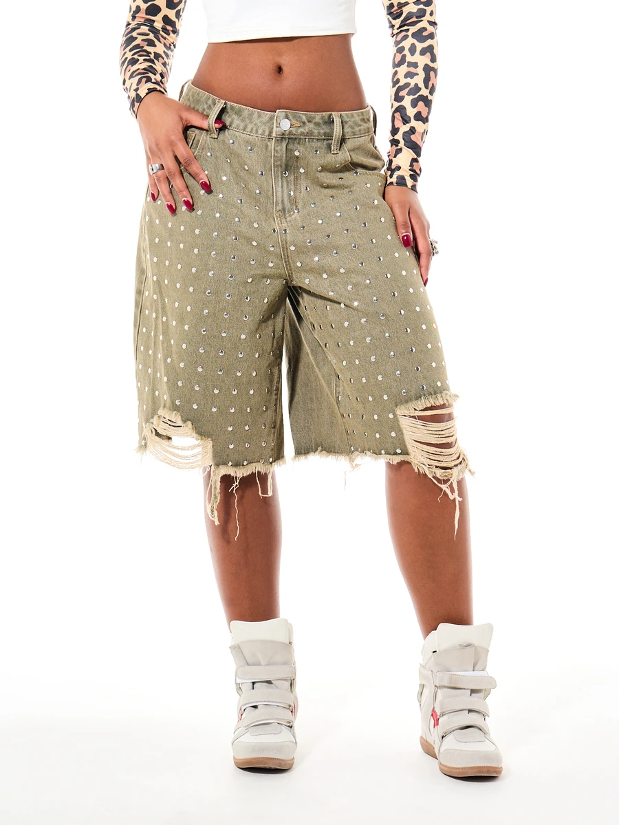 SUMWON WOMEN Rhinestone Embellished Distressed Denim Bermuda Shorts With Raw Hem And Low Rise Waist Style - Black - View 1