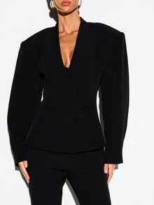 KIZN Blazer V-Neck Terstruktur dengan Detail Penutup Bordir Bunga, Bahu Tegas, Pinggang Pas, Lengan Panjang, Jaket Kantor Formal - Hitam - View 4