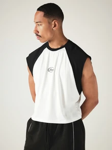 SUMWON Crop Fit Raglan Sleeveless Color Block Crew Neck Muscle Tee With Oval Logo Print On Chest For Casual Summer Wear - Black and White - View 4