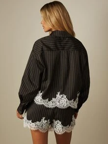 MISSGUIDED Black And White Striped Satin Lace Trim Co-Ord Set Long Sleeve Shirt And Mini Shorts Two Pieces Loungewear Outfit Going Out Summer Sexy - Black and White - View 2