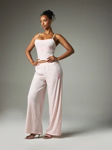 BABYPHAT Velvet Wide Leg Casual Pants With Embroidered Logo And Script Buttock Print Elastic Waist Full Length - Baby Pink - View 5